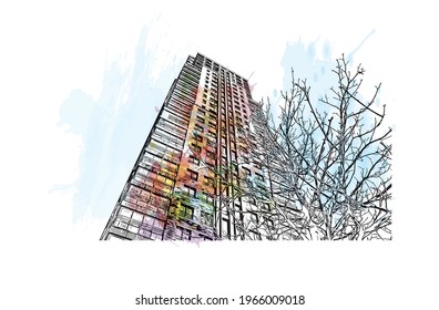 Building view with landmark of Enschede is the 
municipality in the Netherlands. Watercolor splash with hand drawn sketch illustration in vector.