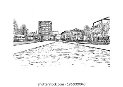 Building view with landmark of Enschede is the 
municipality in the Netherlands. Hand drawn sketch illustration in vector.
