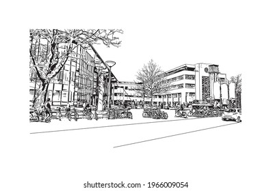 Building view with landmark of Enschede is the 
municipality in the Netherlands. Hand drawn sketch illustration in vector.