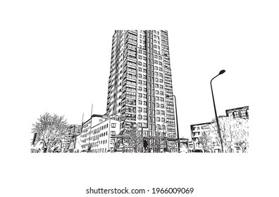 Building view with landmark of Enschede is the 
municipality in the Netherlands. Hand drawn sketch illustration in vector.
