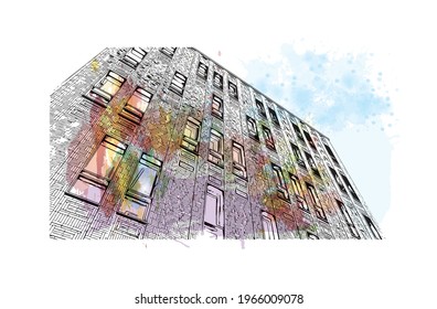 Building view with landmark of Enschede is the 
municipality in the Netherlands. Watercolor splash with hand drawn sketch illustration in vector.