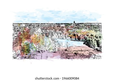 Building view with landmark of Enschede is the 
municipality in the Netherlands. Watercolor splash with hand drawn sketch illustration in vector.