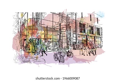Building view with landmark of Enschede is the 
municipality in the Netherlands. Watercolor splash with hand drawn sketch illustration in vector.