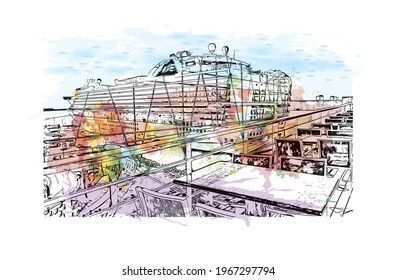 Building view with landmark of Ensenada is the 
city in Mexico. Watercolor splash with hand drawn sketch illustration in vector.