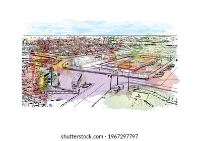 Building view with landmark of Ensenada is the 
city in Mexico. Watercolor splash with hand drawn sketch illustration in vector.