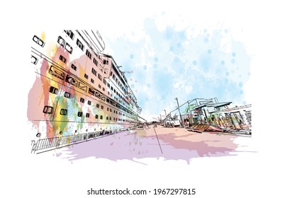 Building view with landmark of Ensenada is the 
city in Mexico. Watercolor splash with hand drawn sketch illustration in vector.