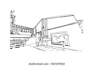 Building view with landmark of Ensenada is the 
city in Mexico. Hand drawn sketch illustration in vector.