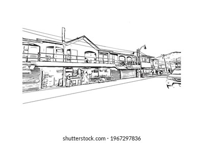 Building view with landmark of Ensenada is the 
city in Mexico. Hand drawn sketch illustration in vector.