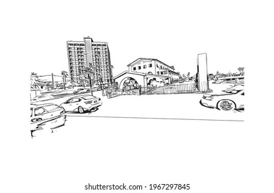 Building view with landmark of Ensenada is the 
city in Mexico. Hand drawn sketch illustration in vector.
