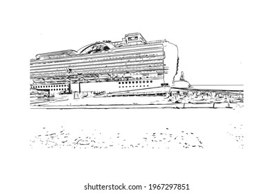 Building view with landmark of Ensenada is the 
city in Mexico. Hand drawn sketch illustration in vector.