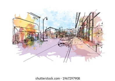 Building view with landmark of Ensenada is the 
city in Mexico. Watercolor splash with hand drawn sketch illustration in vector.