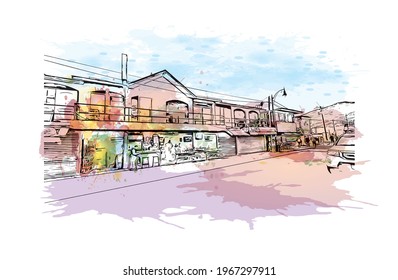 Building view with landmark of Ensenada is the 
city in Mexico. Watercolor splash with hand drawn sketch illustration in vector.