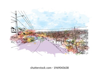 Building view with landmark of Ensenada is the 
city in Mexico. Watercolor splash with hand drawn sketch illustration in vector.