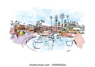 Building view with landmark of Ensenada is the 
city in Mexico. Watercolor splash with hand drawn sketch illustration in vector.