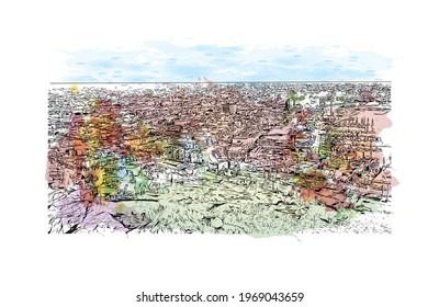 Building view with landmark of Ensenada is the 
city in Mexico. Watercolor splash with hand drawn sketch illustration in vector.