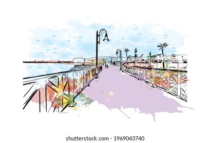 Building view with landmark of Ensenada is the 
city in Mexico. Watercolor splash with hand drawn sketch illustration in vector.