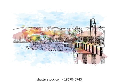 Building view with landmark of Ensenada is the 
city in Mexico. Watercolor splash with hand drawn sketch illustration in vector.