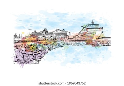 La vista de edificio con un punto de referencia de Ensenada es el 
ciudad de México. Salto de color de agua con ilustración de esbozo dibujada a mano en vector.