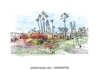 Building view with landmark of Ensenada is the 
city in Mexico. Watercolor splash with hand drawn sketch illustration in vector.