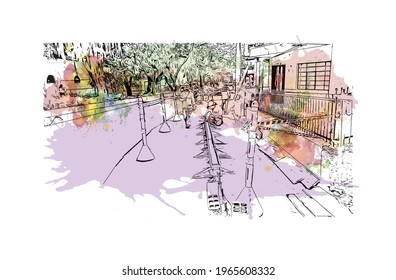 La vista de edificio con punto de referencia de Envigado es el 
ciudad de Colombia. Salto de color de agua con ilustración de esbozo dibujada a mano en vector.