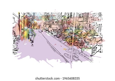 Building view with landmark of Envigado is the 
town in Colombia. Watercolor splash with hand drawn sketch illustration in vector.