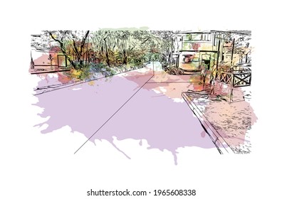 Bauansicht mit Wahrzeichen von Envigado ist die 
Stadt in Kolumbien. Aquarellspritzer mit handgezeichneter Skizzengrafik in Vektorgrafik.