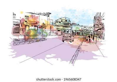 Building view with landmark of Envigado is the 
town in Colombia. Watercolor splash with hand drawn sketch illustration in vector.