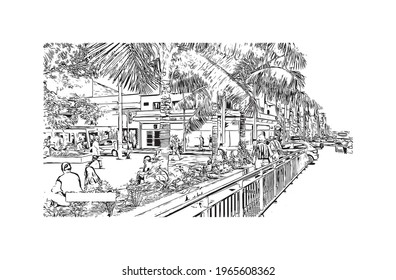 Building view with landmark of Envigado is the 
town in Colombia. Hand drawn sketch illustration in vector.