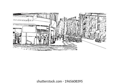 Building view with landmark of Envigado is the 
town in Colombia. Hand drawn sketch illustration in vector.