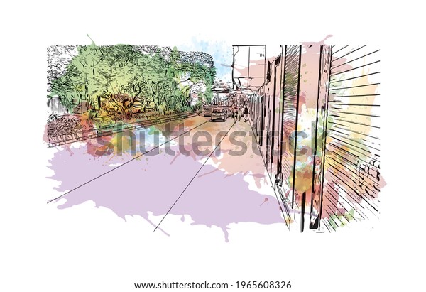 Building view with landmark of Envigado is the\
\
town in Colombia. Watercolor splash with hand drawn sketch\
illustration in\
vector.