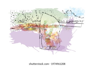 Building view with landmark of Erbil is the 
capital of Iraqi Kurdistan. Watercolor splash with hand drawn sketch illustration in vector.