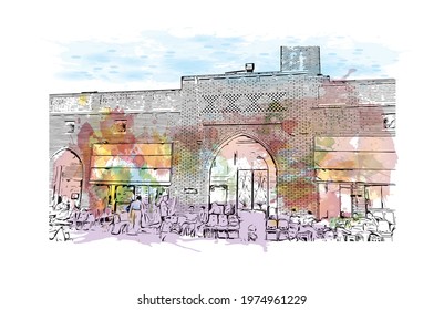 Building view with landmark of Erbil is the 
capital of Iraqi Kurdistan. Watercolor splash with hand drawn sketch illustration in vector.