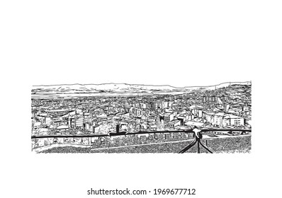 Building view with landmark of Erzurum is the 
city in Turkey. Hand drawn sketch illustration in vector.