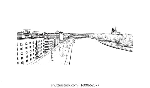 Building view with landmark of Eskilstuna is a city and the seat of Eskilstuna Municipality, Södermanland County, Sweden. Hand drawn sketch illustration in vector.