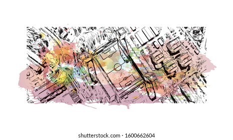 Building view with landmark of Eskilstuna is a city and the seat of Eskilstuna Municipality, Södermanland County, Sweden. Watercolor splash with Hand drawn sketch illustration in vector.