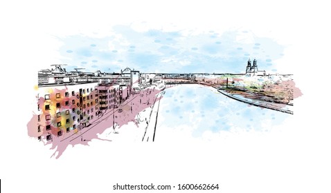 Building view with landmark of Eskilstuna is a city and the seat of Eskilstuna Municipality, Södermanland County, Sweden. Watercolor splash with Hand drawn sketch illustration in vector.