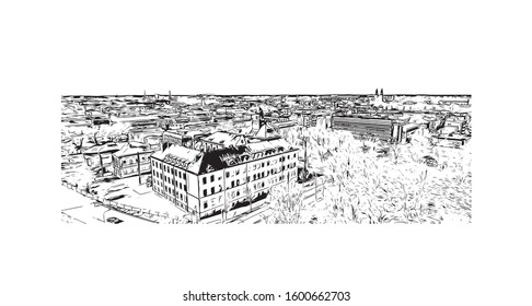 Building view with landmark of Eskilstuna is a city and the seat of Eskilstuna Municipality, Södermanland County, Sweden. Hand drawn sketch illustration in vector.