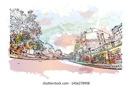 Building view with landmark of Eskisehir is a city in northwestern Turkey and the capital of the Eskisehir Province. Watercolor splash with Hand drawn sketch illustration in vector.