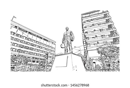 Building view with landmark of Eskisehir is a city in northwestern Turkey and the capital of the Eskisehir Province. Hand drawn sketch illustration in vector.