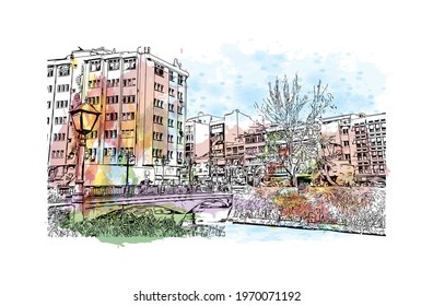 Building view with landmark of Eskisehir is the 
city in Turkey. Watercolor splash with hand drawn sketch illustration in vector.