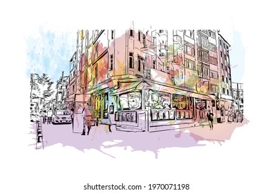 Building view with landmark of Eskisehir is the 
city in Turkey. Watercolor splash with hand drawn sketch illustration in vector.
