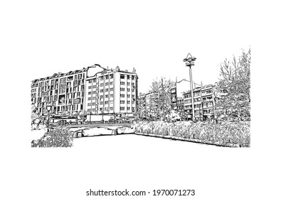 Building view with landmark of Eskisehir is the 
city in Turkey. Hand drawn sketch illustration in vector.