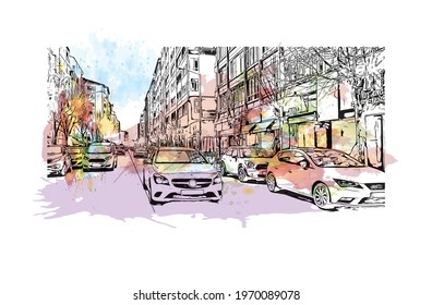 Building view with landmark of Eskisehir is the 
city in Turkey. Watercolor splash with hand drawn sketch illustration in vector.