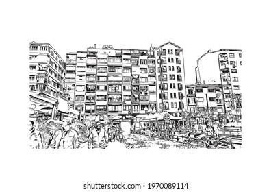 Building view with landmark of Eskisehir is the 
city in Turkey. Hand drawn sketch illustration in vector.