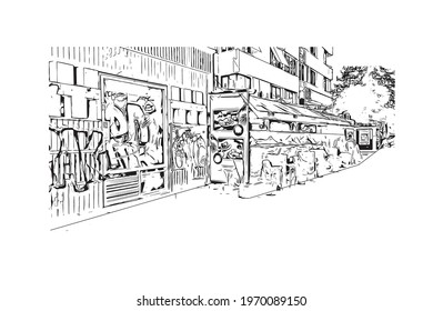 Building view with landmark of Eskisehir is the 
city in Turkey. Hand drawn sketch illustration in vector.