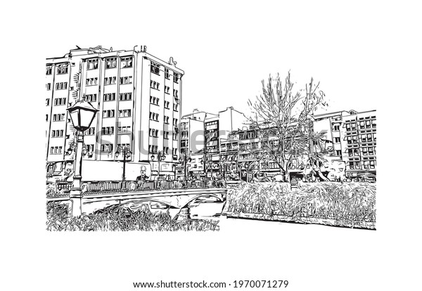 Building view with\
landmark of Eskisehir is the \
city in Turkey. Hand drawn sketch\
illustration in\
vector.