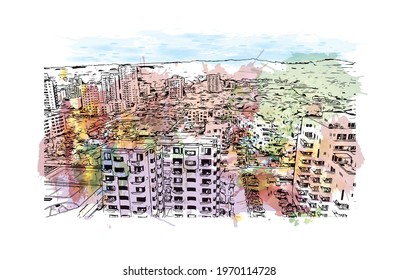 Building view with landmark of Esmeraldas is a coastal city in northwestern Ecuador. Watercolor splash with hand drawn sketch illustration in vector.