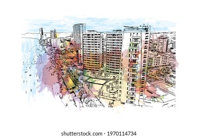 Building view with landmark of Esmeraldas is a coastal city in northwestern Ecuador. Watercolor splash with hand drawn sketch illustration in vector.