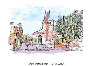 Building view with landmark of Essen is a city in western Germany. Watercolor splash with hand drawn sketch illustration in vector.