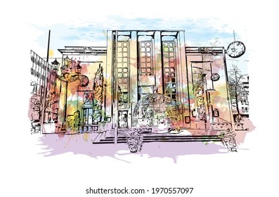 Building view with landmark of Essen is a city in western Germany. Watercolor splash with hand drawn sketch illustration in vector.